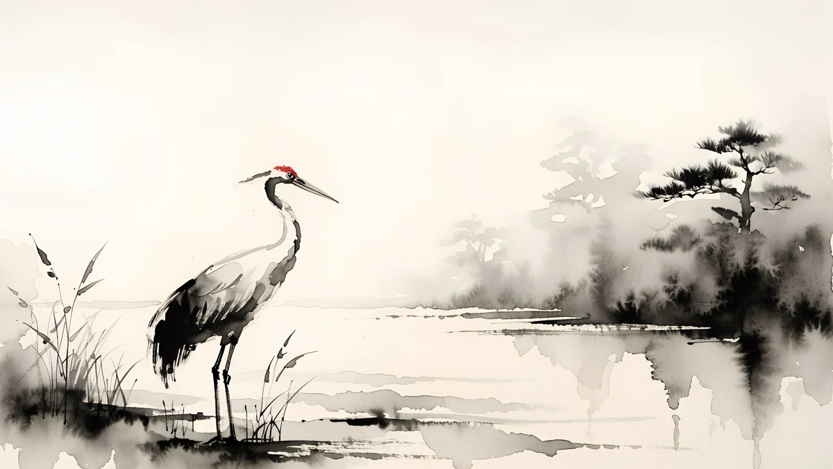 Ink Crane Shore wallpaper